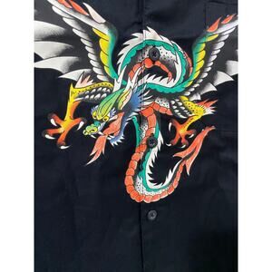 Ed Hardy Tattoo Dragon Button Up Shirt Mens XL Black Graphic Spell Out Y2K Style